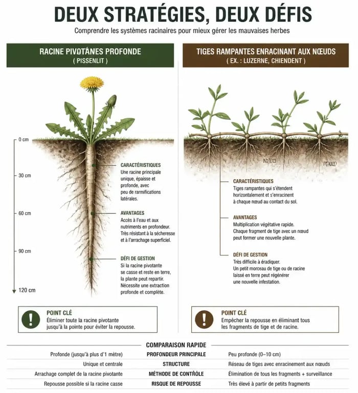 Schéma comparatif des systèmes racinaires des mauvaises herbes de pelouse