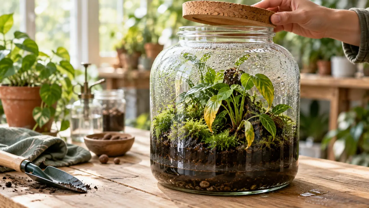 Terrarium fermé artisanal avec des plantes tropicales et de la condensation sur le verre