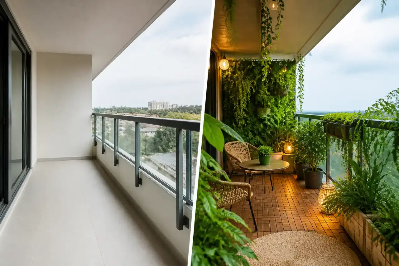 Balcon urbain transformé en coin jungle sur mesure avec plantes luxuriantes et mobilier en bois