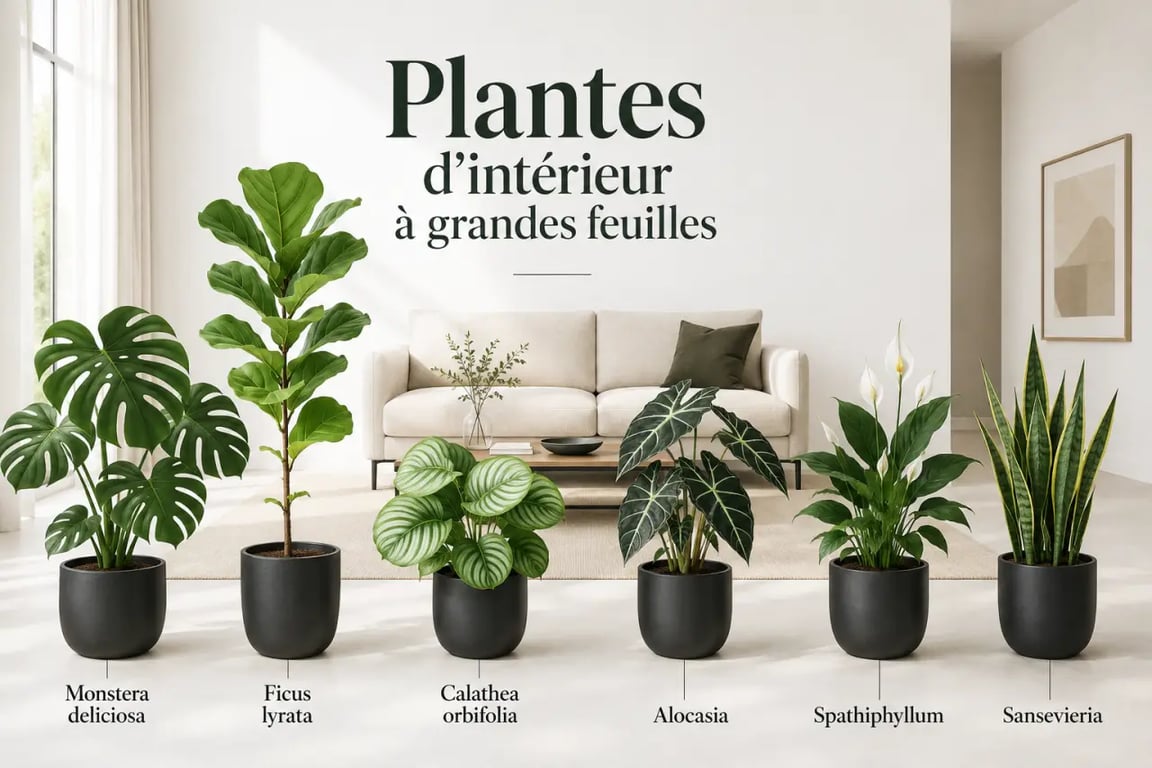 Plante verte grande feuille dans un salon lumineux avec plusieurs espèces d’intérieur à grandes feuilles