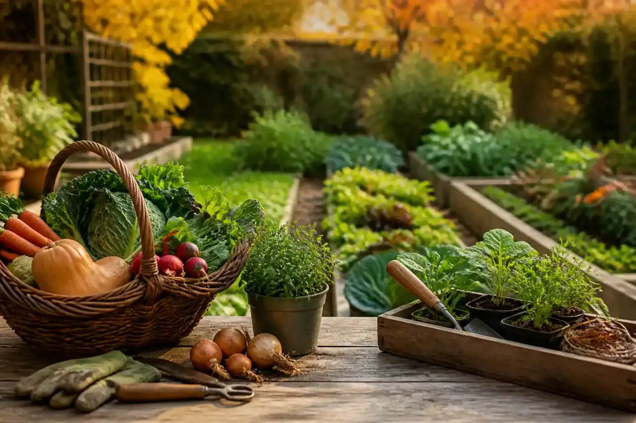 Un magnifique potager d'automne baigné par la douce lumière dorée du matin avec des citrouilles et des choux