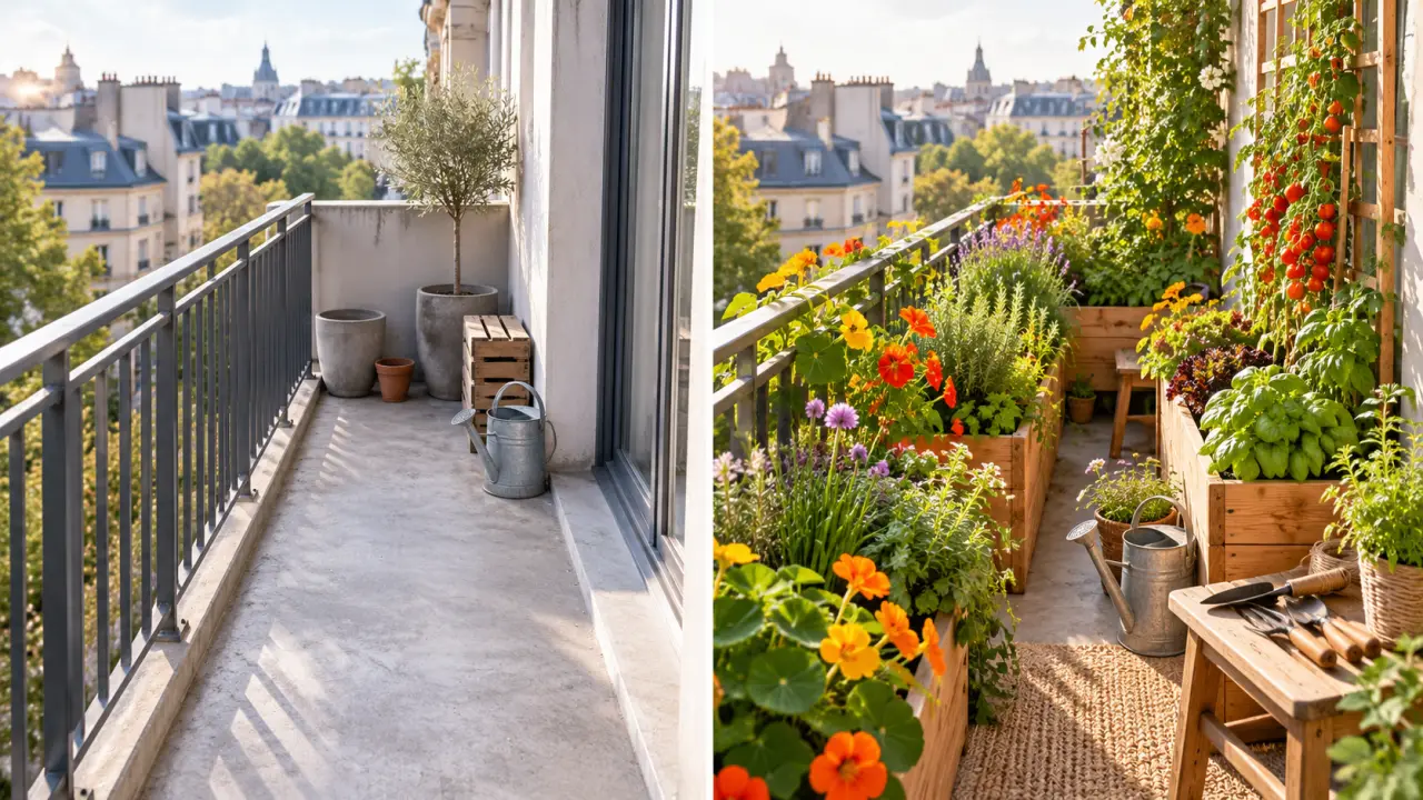 Balcon urbain transformé en potager fleuri avec jardinières, aromatiques et fleurs colorées