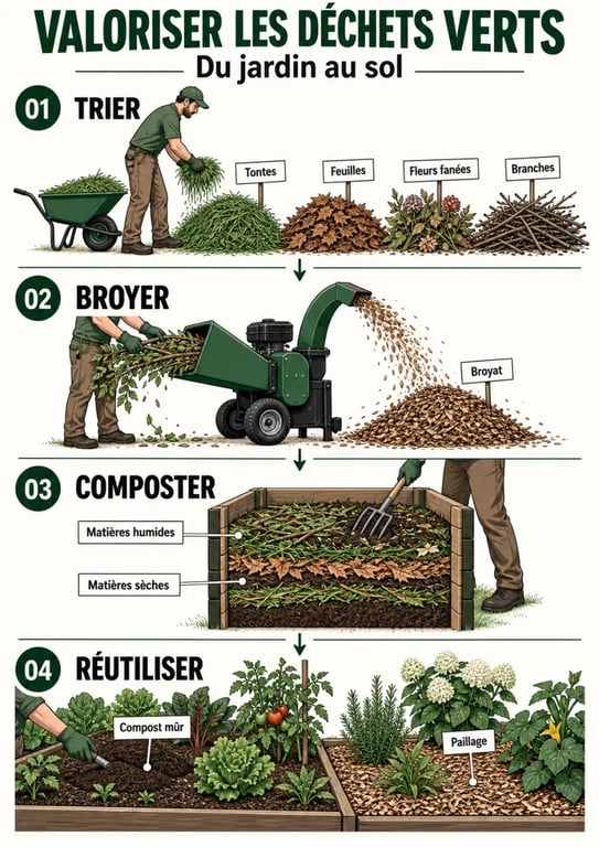 Parcours du compostage des déchets verts, du tri au paillage et au compost mûr