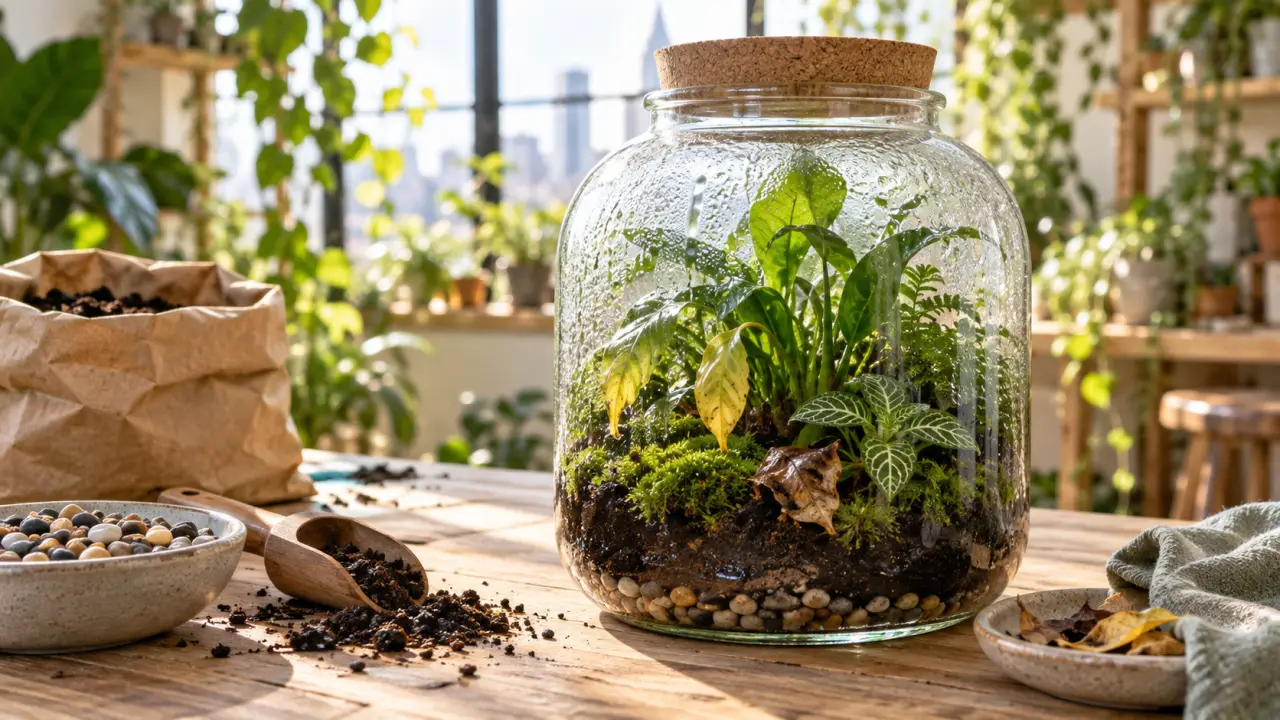 Terrarium fermé artisanal avec mousses et petites plantes tropicales