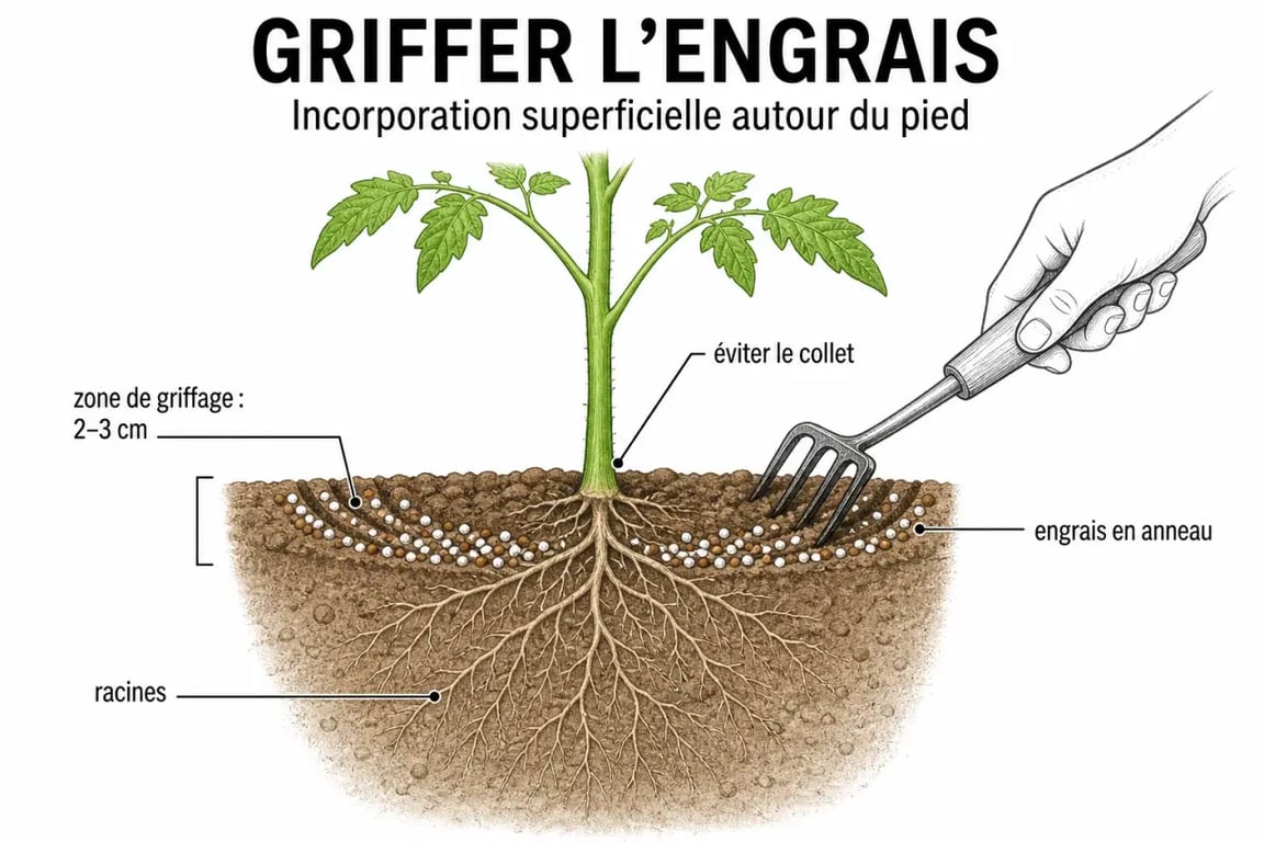 Geste d'application d'engrais potager au pied d'une plante
