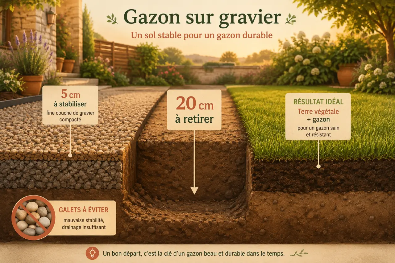 Gazon sur gravier : 5 cm à stabiliser, 20 cm à retirer, galets à éviter