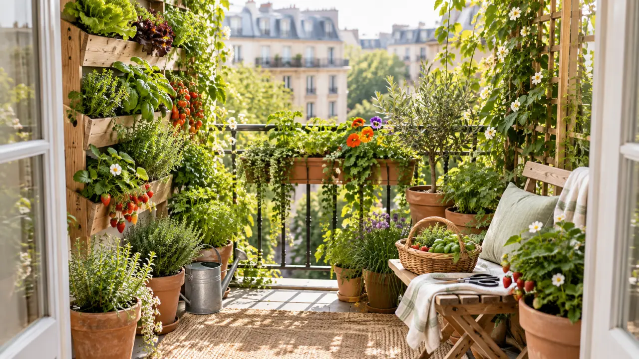 Balcon urbain de 4 m² aménagé avec des plantes comestibles et des jardinières durables