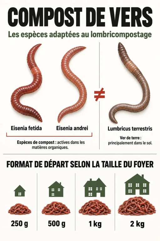 Infographie sur le compost de vers, les espèces Eisenia et les quantités adaptées au foyer