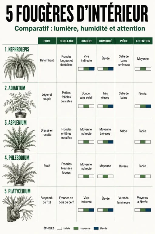 Infographie comparative des fougères plantes intérieur selon la lumière, l’humidité et la pièce