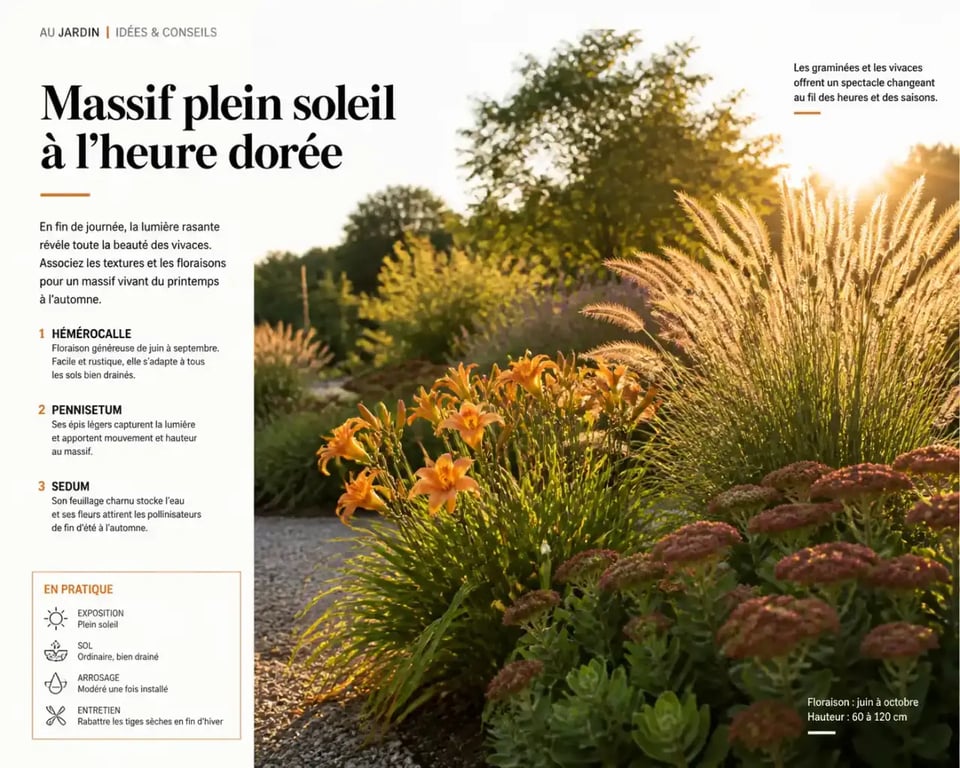 Massif de vivaces plein soleil avec sedum, hémérocalle et pennisetum en fin de journée
