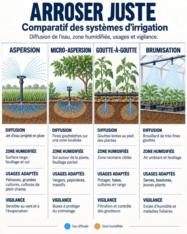 Arrosage par aspersion comparé à la micro-aspersion, au goutte-à-goutte et à la brumisation