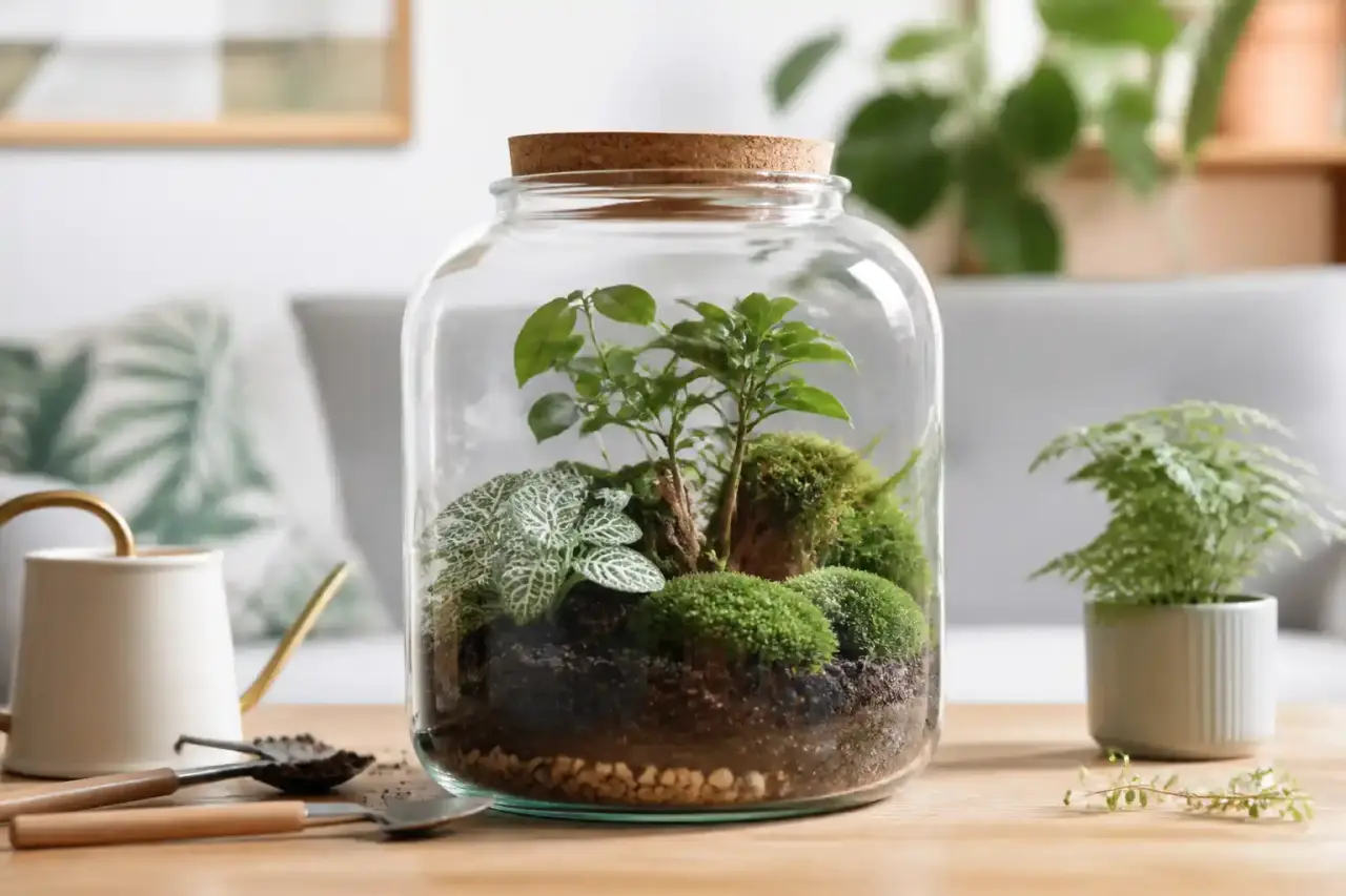 Terrarium artisanal dans un bocal en verre avec mousses, fougères miniatures et graviers naturels