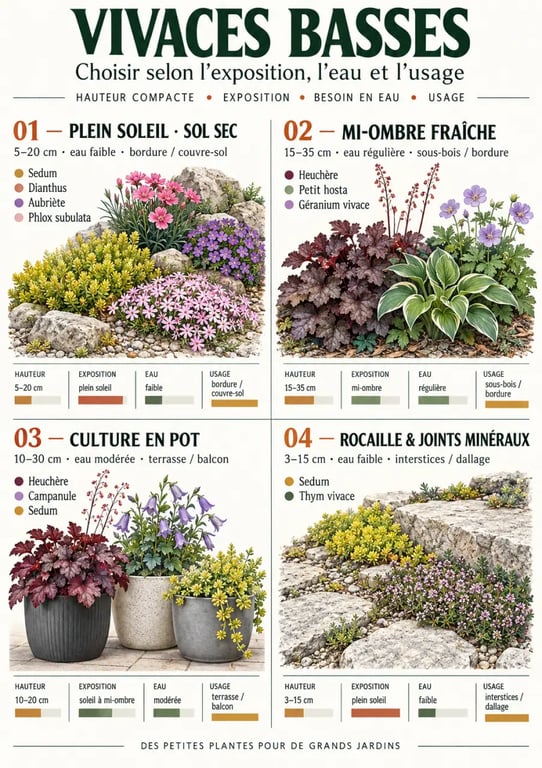 Infographie de sélection des plantes vivaces de petite taille selon l’exposition et l’usage
