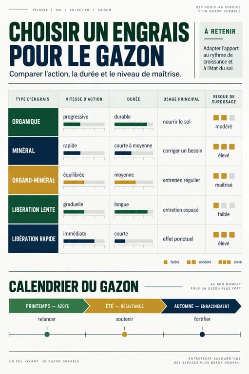 Infographie comparative sur le choix d’un engrais sur gazon selon le type et la saison