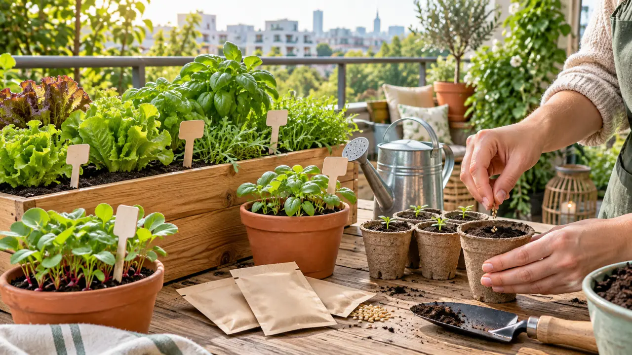 Potager de balcon avec jardinières, aromates et jeunes plants