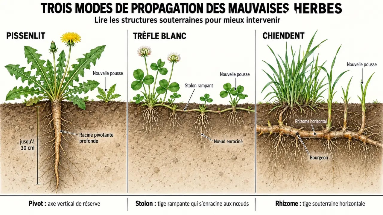 Liste de mauvaises herbes et schéma des racines pivotantes, stolons et rhizomes