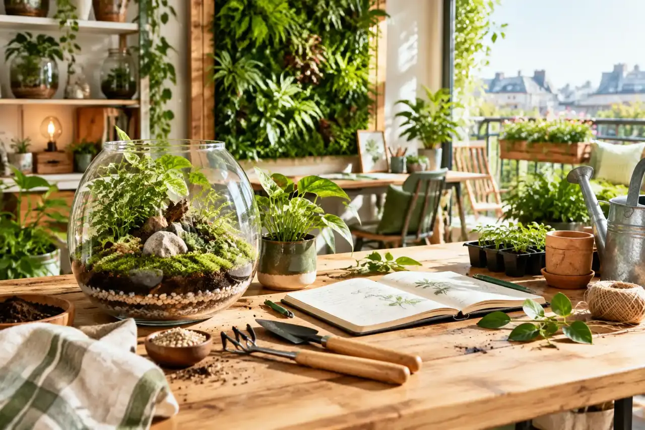 Atelier de création végétale LeafyCraft avec terrariums et plantes suspendues
