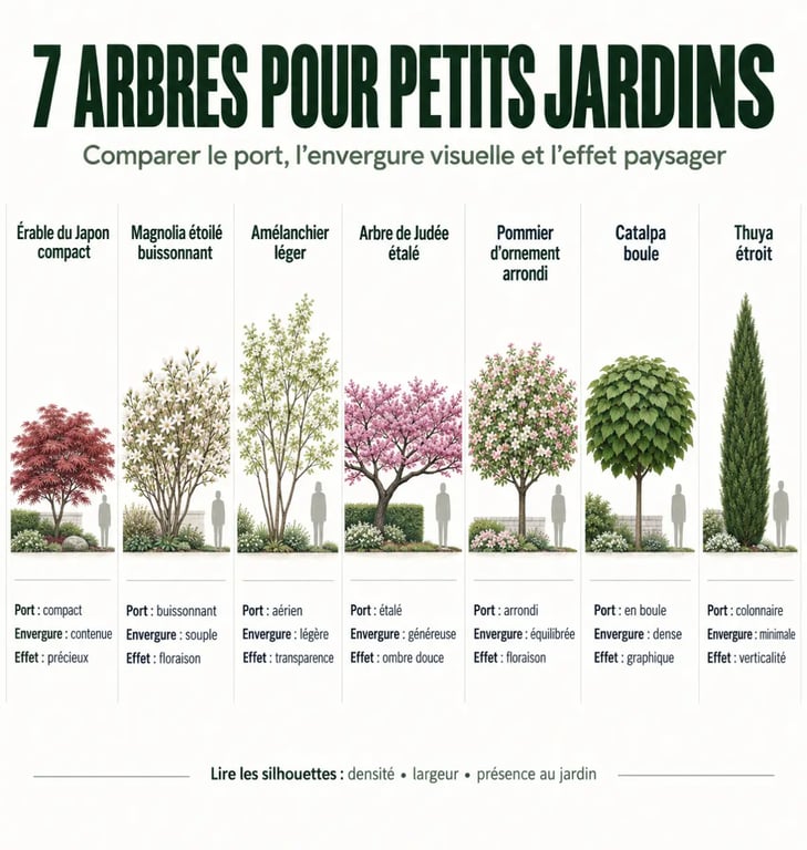 Infographie comparative des arbres petits jardins selon leur port, leur envergure et leur intérêt décoratif