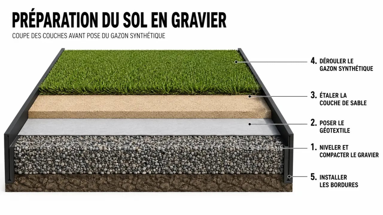 Gravier gazon : schéma des couches pour préparer un sol en gravier avant pose de gazon synthétique