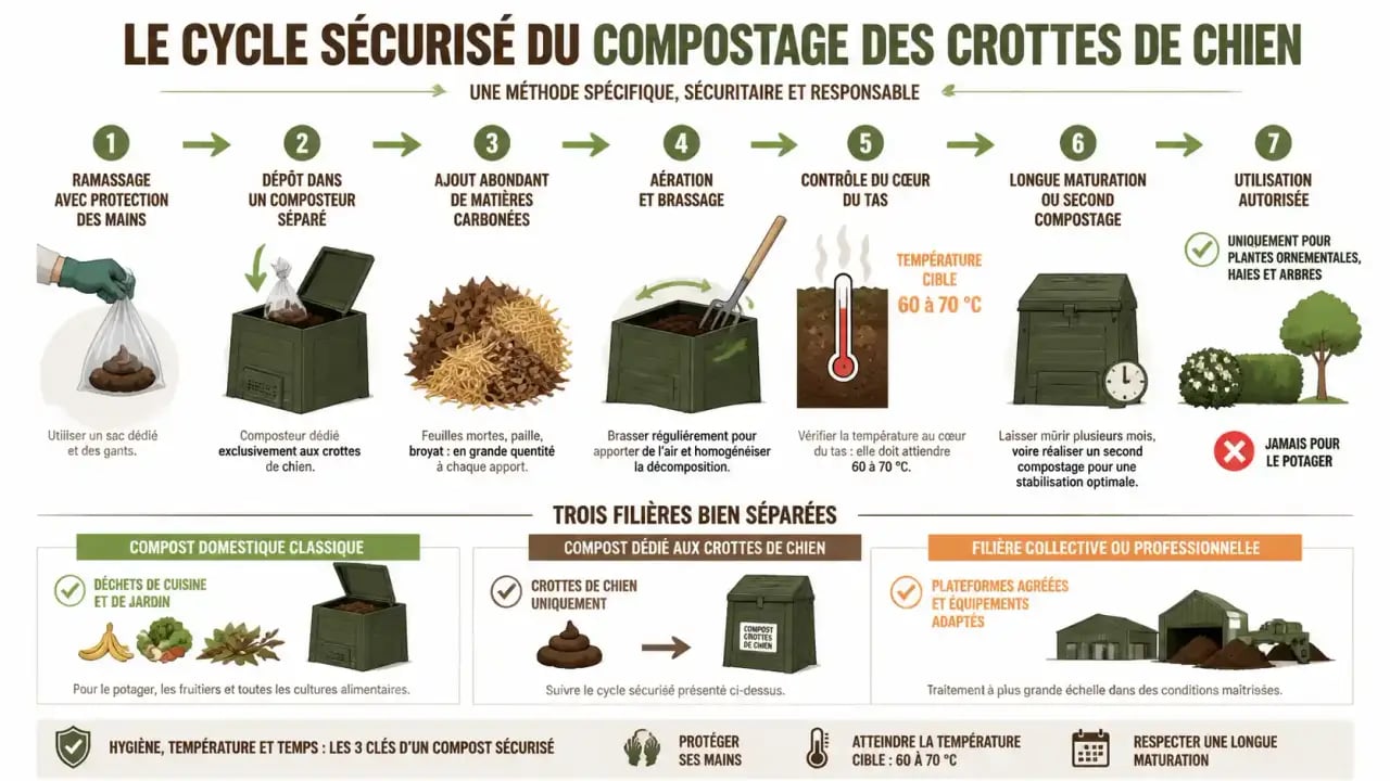 Cycle sécurisé du compostage des crottes de chien avec composteur séparé et maturation longue