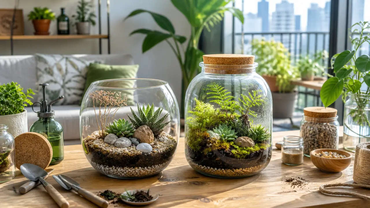 Terrarium de salon lumineux, entre verre, mousses et plantes d'intérieur