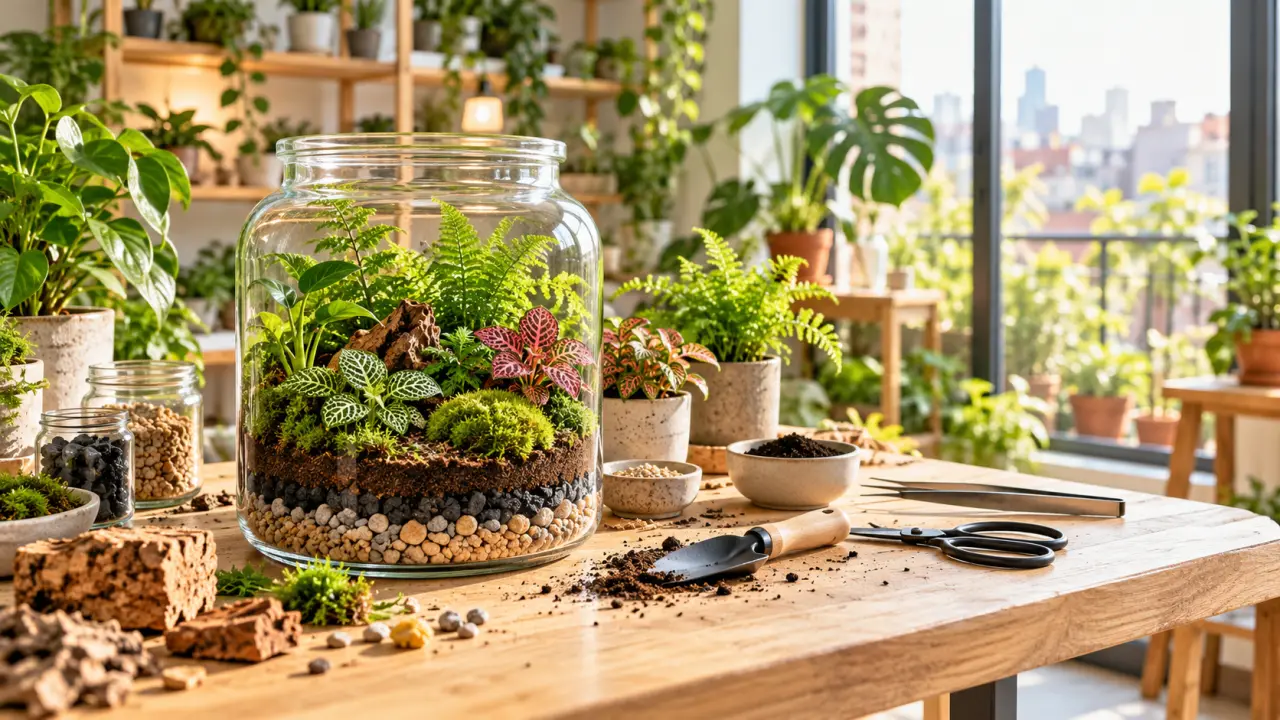 Terrarium artisanal sur mesure avec plantes vertes, mousse et éléments naturels