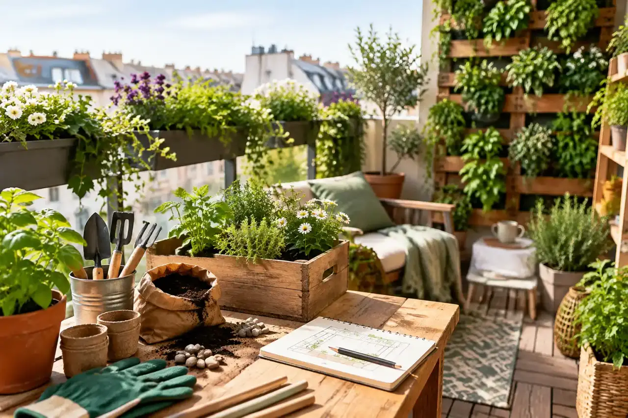 Balcon urbain végétalisé avec des plantes en pots et des matériaux naturels