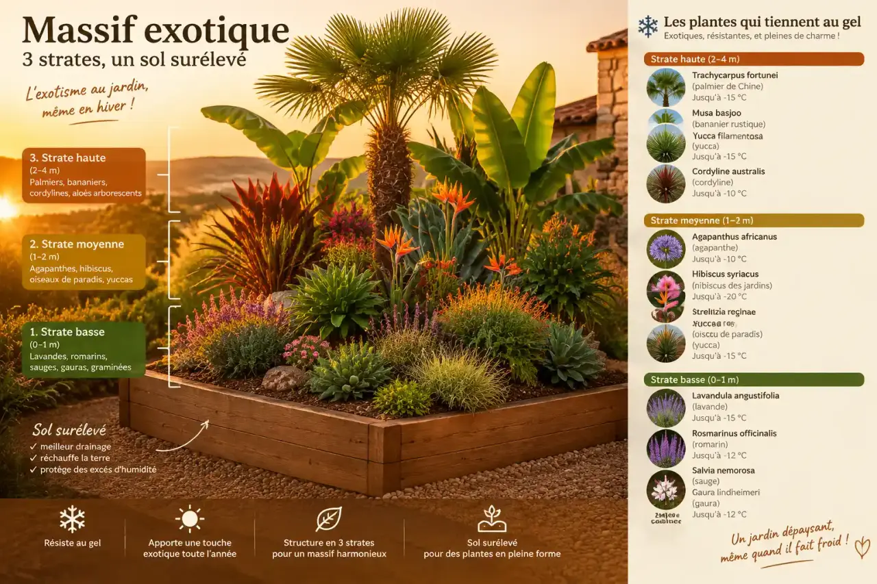 Massif exotique : 3 strates, un sol surélevé et la liste des plantes qui tiennent au gel