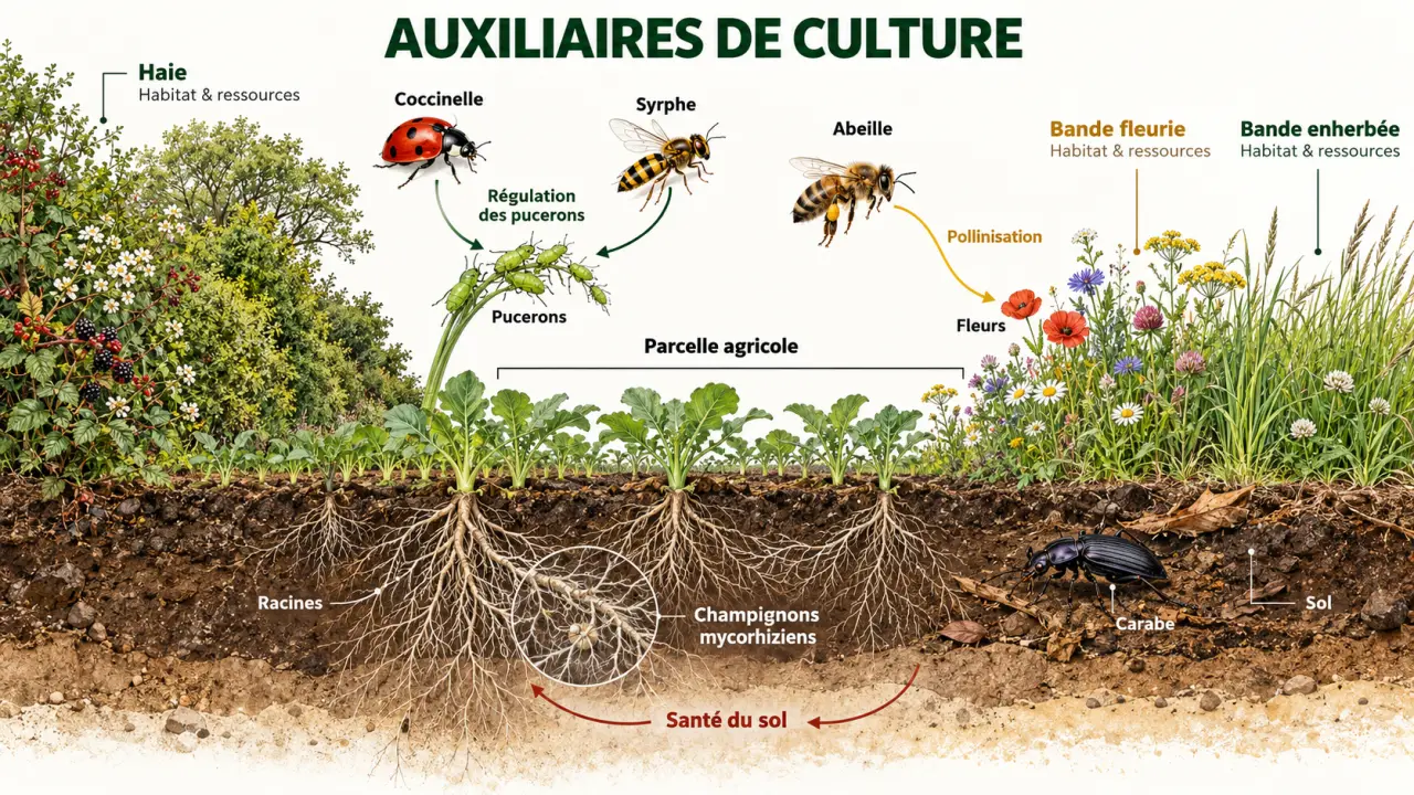 Infographie sur les auxiliaires de culture, leurs ravageurs cibles et les habitats agricoles favorables