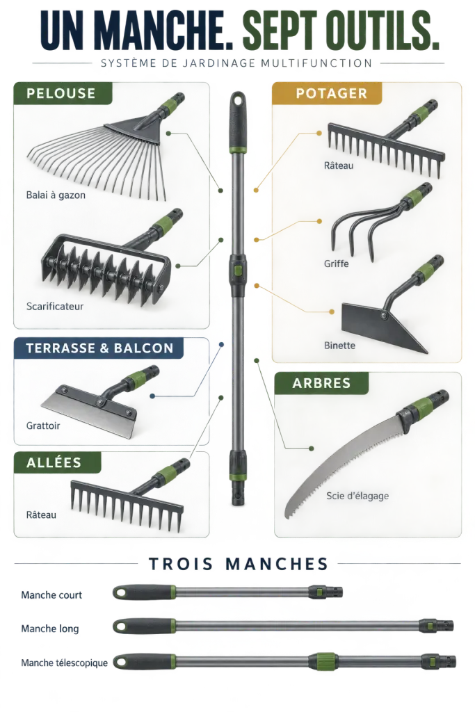 Outils de jardinage multifonction : accessoires et manches adaptés à chaque zone du jardin