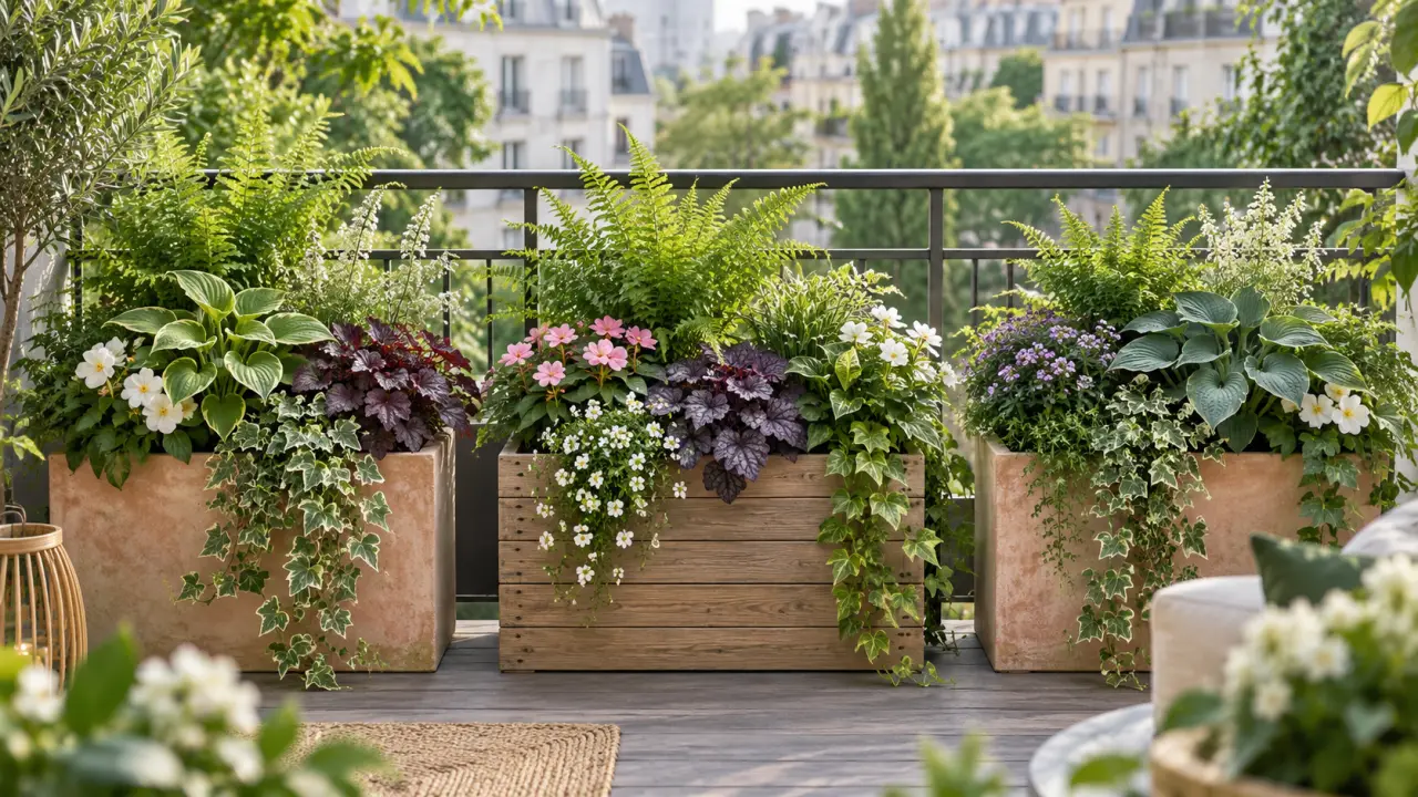 Balcon urbain exposé au nord aménagé avec trois bacs fleuris et des plantes d'ombre