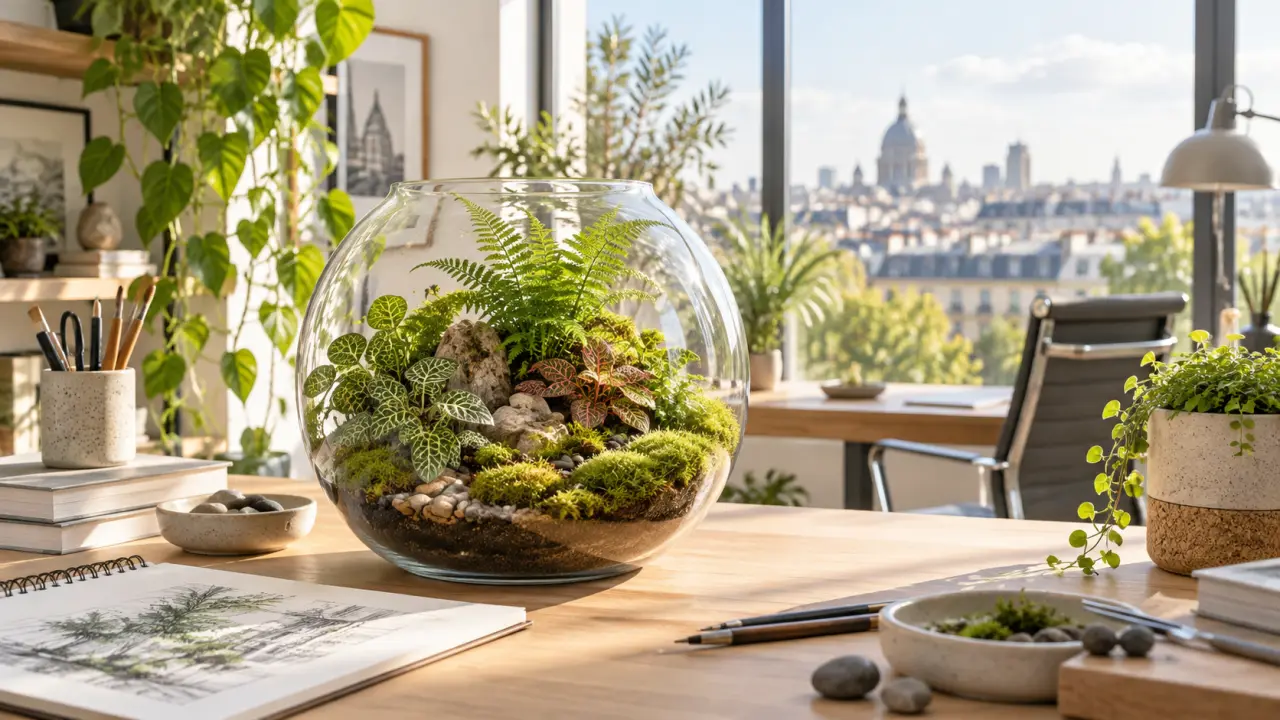 Terrarium artisanal en verre installé au centre d'un bureau lumineux entouré de plantes