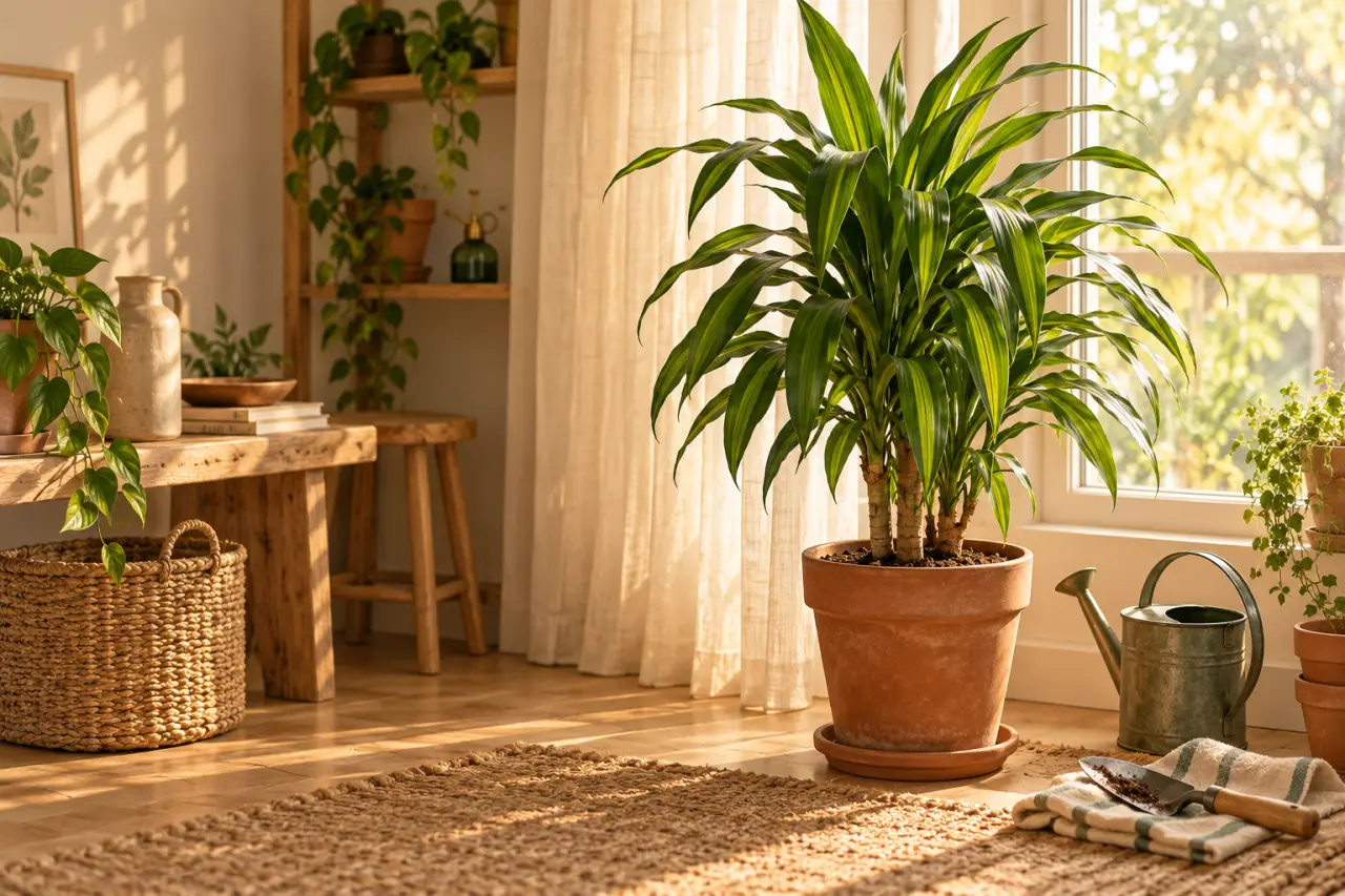 Le Dracaena reste sain avec une lumière indirecte et un arrosage mesuré