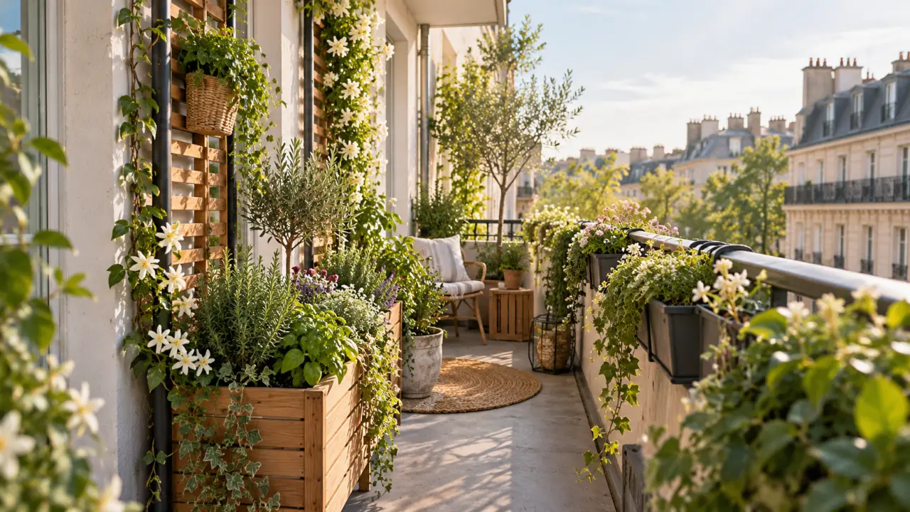 Balcon étroit végétalisé avec des jardinières sans perçage et des plantes luxuriantes