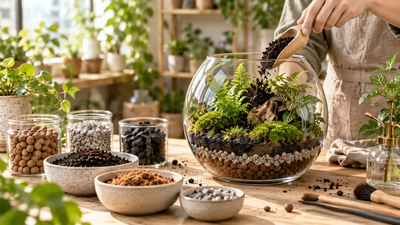 Terrarium artisanal avec plantes tropicales, mousse et substrat naturel