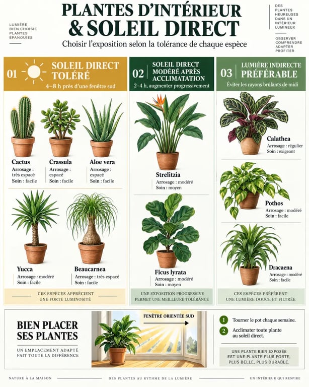 Infographie des plantes d’intérieur soleil direct avec exposition et niveau d’entretien