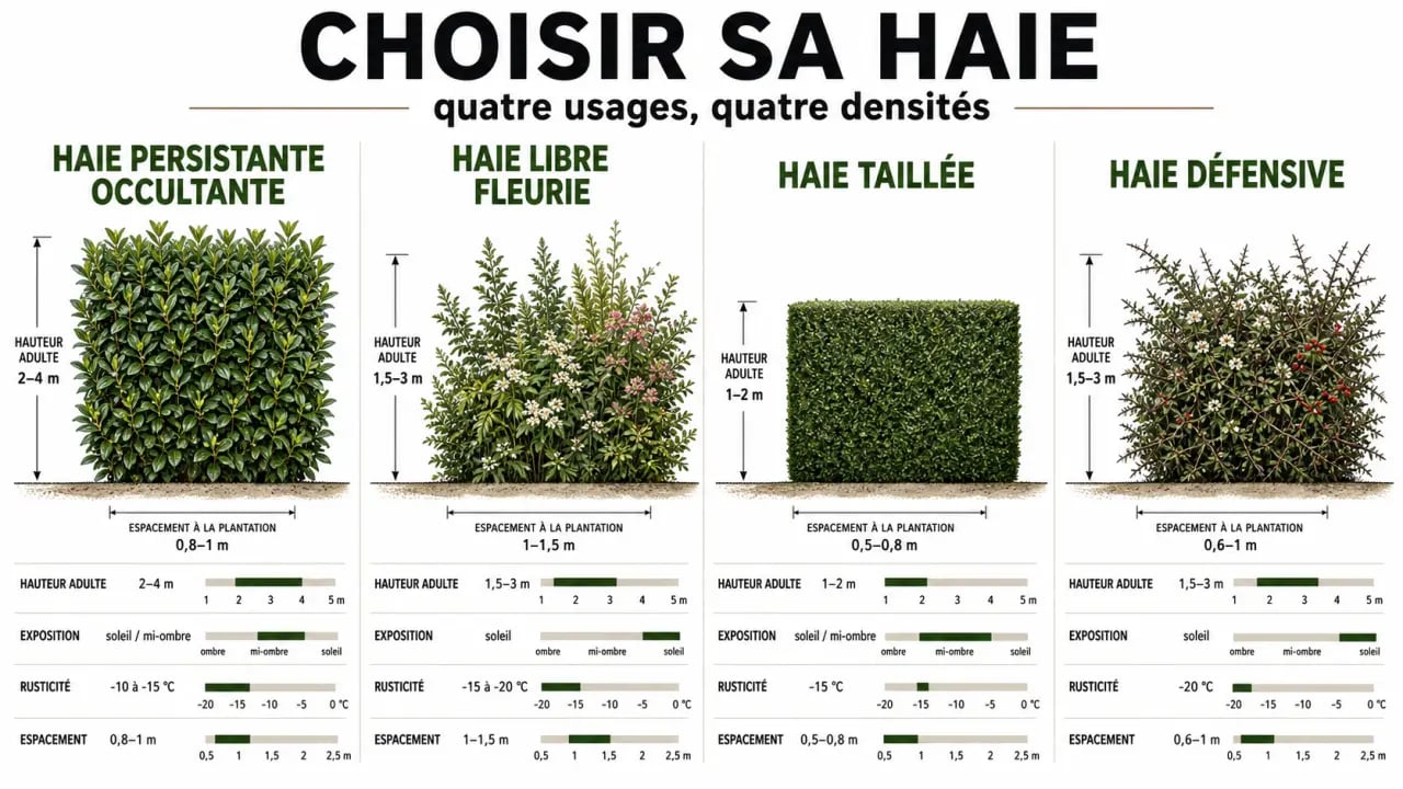 Haies et arbustes : comparaison visuelle des types de haies selon l’usage, la hauteur et l’entretien