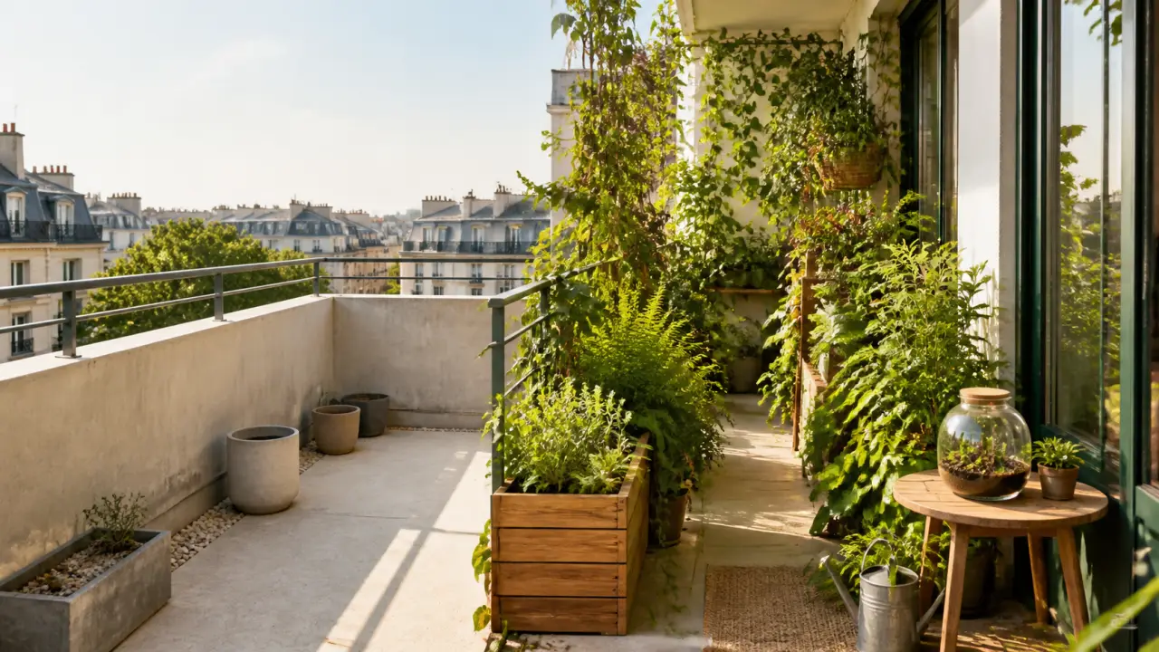 Avant et après d’un balcon minéral transformé en jungle sur mesure par LeafyCraft