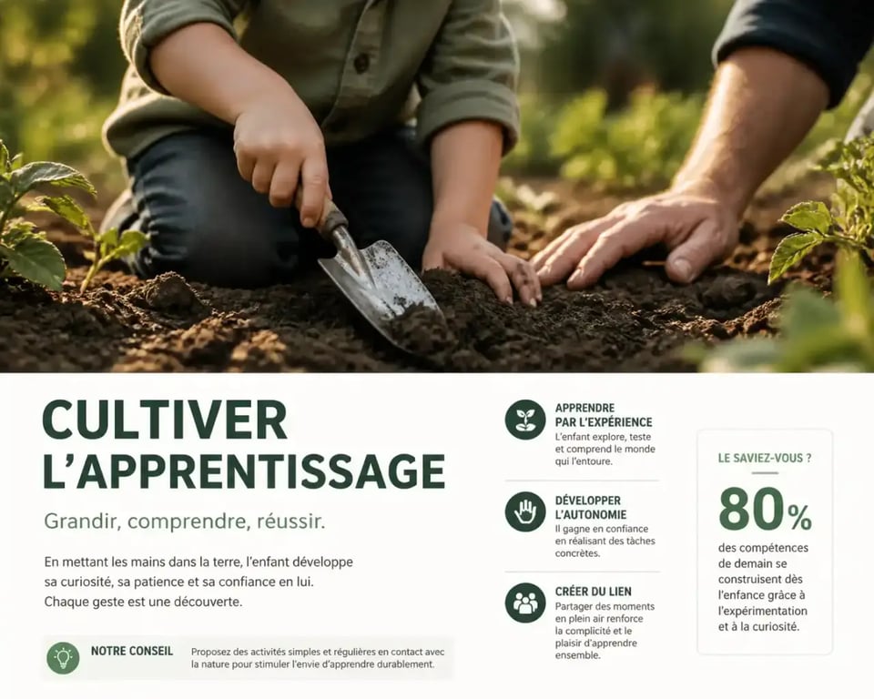 Enfant utilisant un outil de jardinage en métal sous surveillance d'un adulte