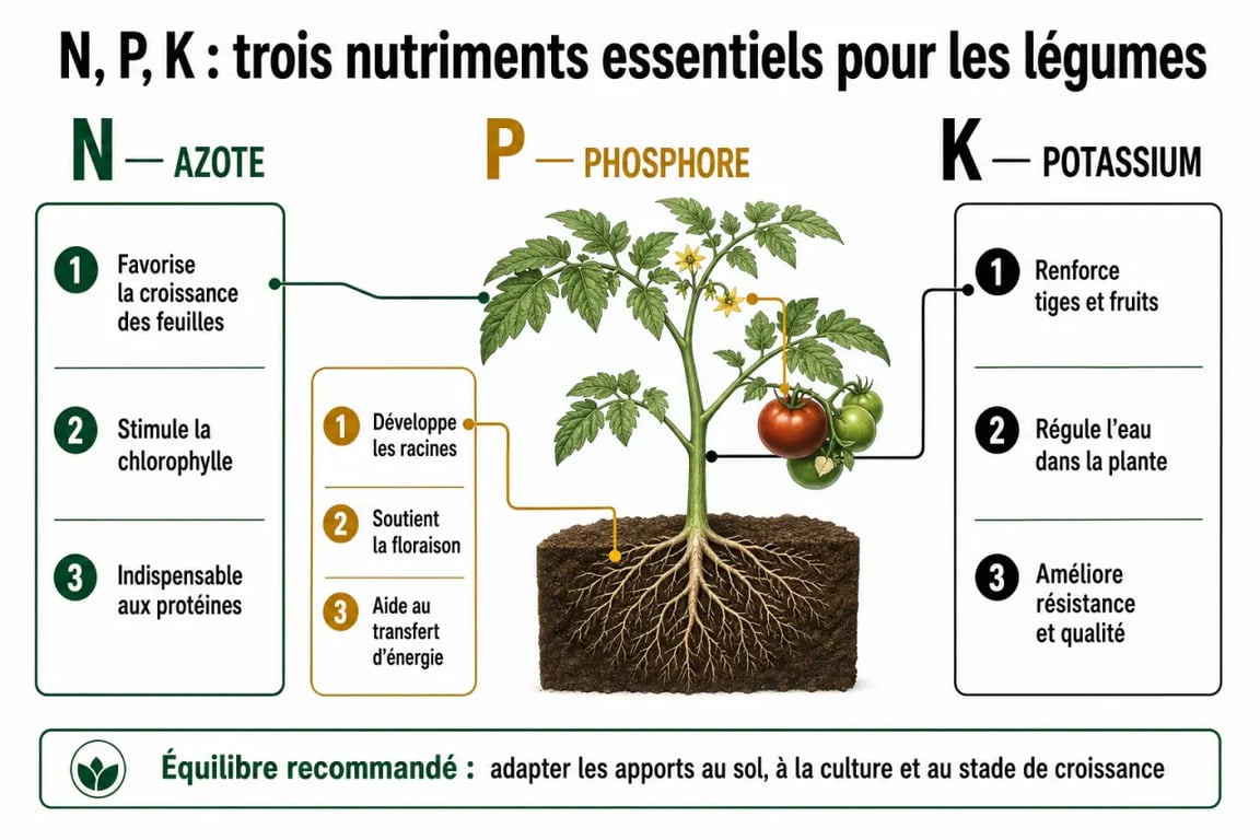 Infographie sur les rôles de l'azote, phosphore et potassium dans l'engrais potager