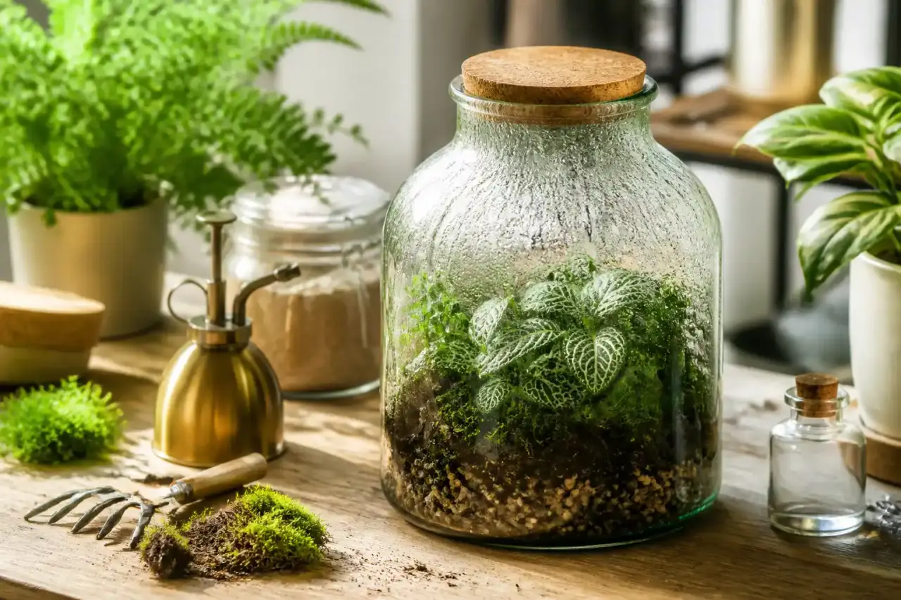 Terrarium fermé artisanal avec mousses et petites plantes tropicales