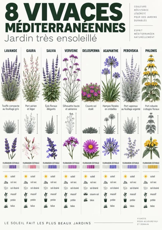 Plantes méditerranéennes vivaces de soleil comparées selon leur port, leur floraison et leur usage au jardin