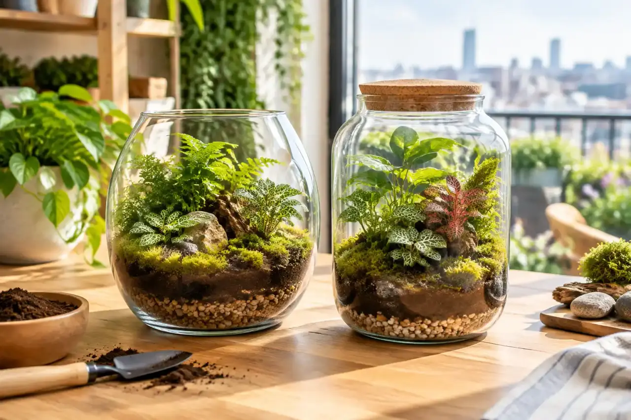 Terrariums ouverts et fermés dans un atelier lumineux entouré de plantes