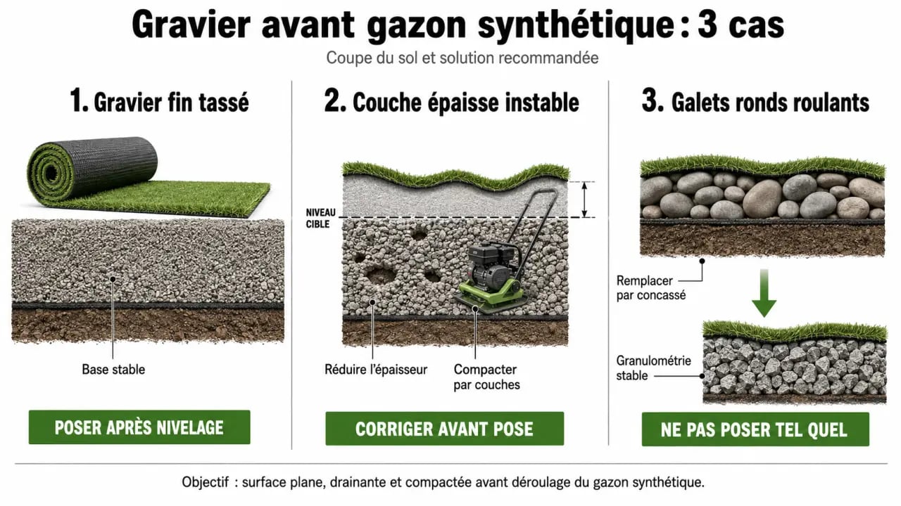 Gravier gazon : comparatif visuel des types de gravier avant pose de gazon synthétique