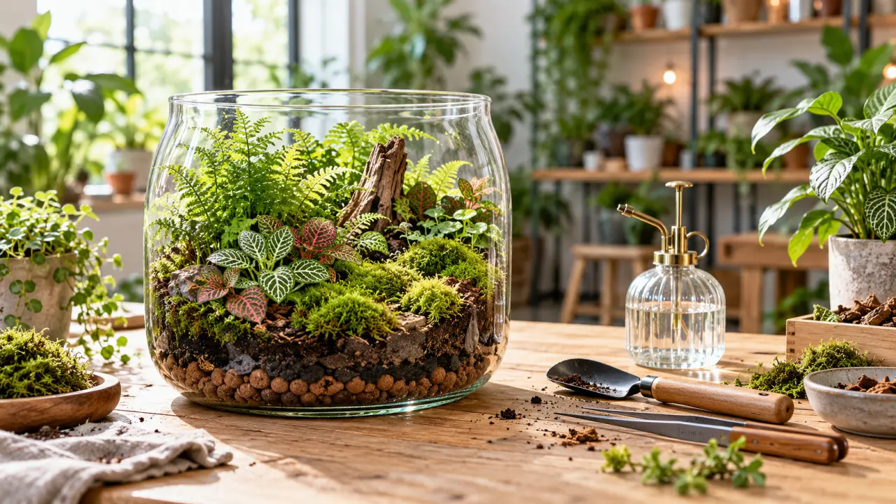 Terrarium humide artisanal avec mousses et petites fougères