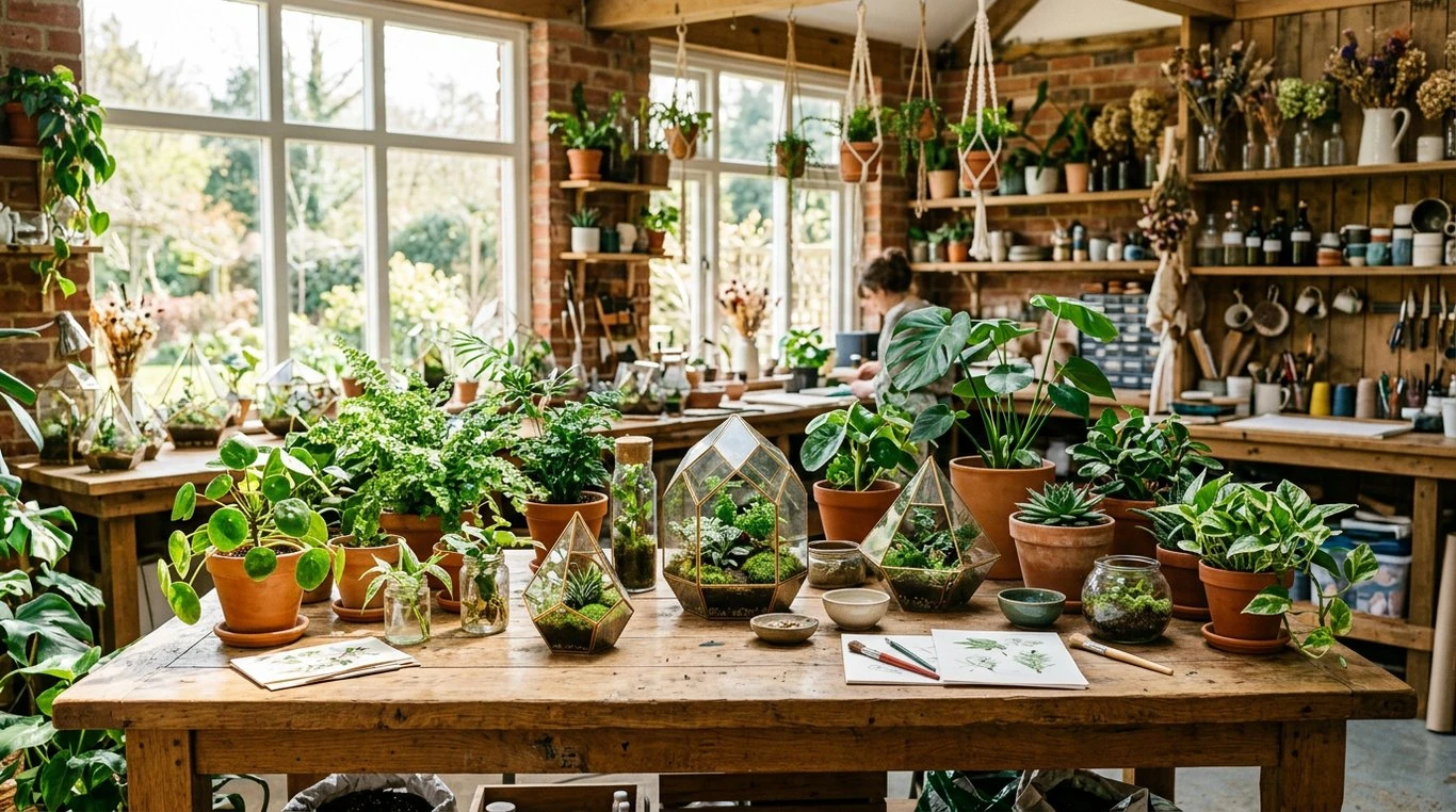 Un salon moderne transformé en jungle urbaine avec un grand terrarium