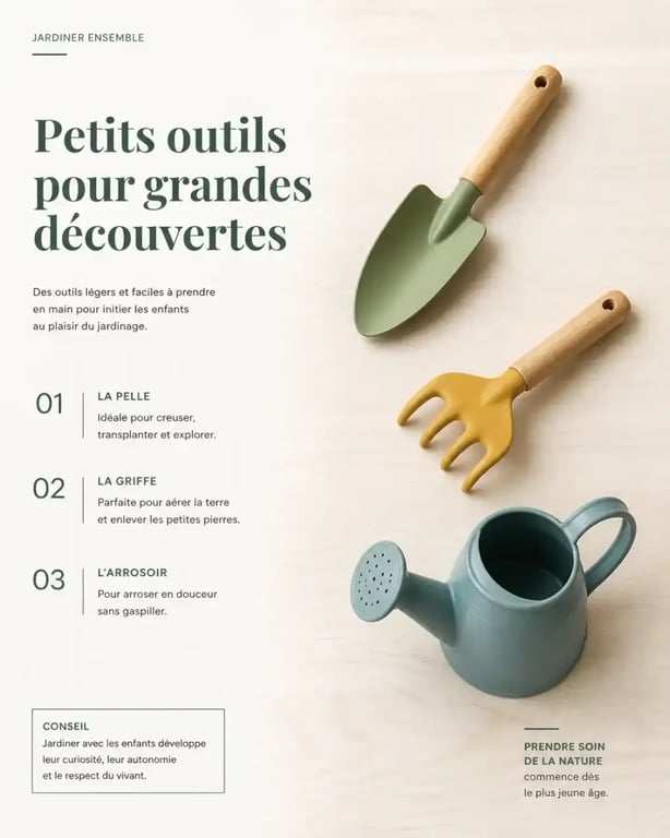 Outils de jardinage enfant adaptés à l'âge disposés sur une table