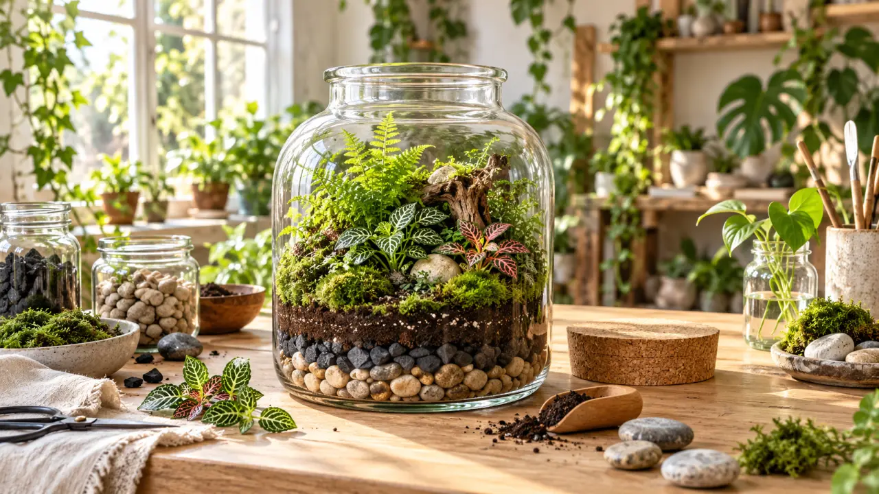 Terrarium fermé artisanal avec mousses et petites plantes vertes
