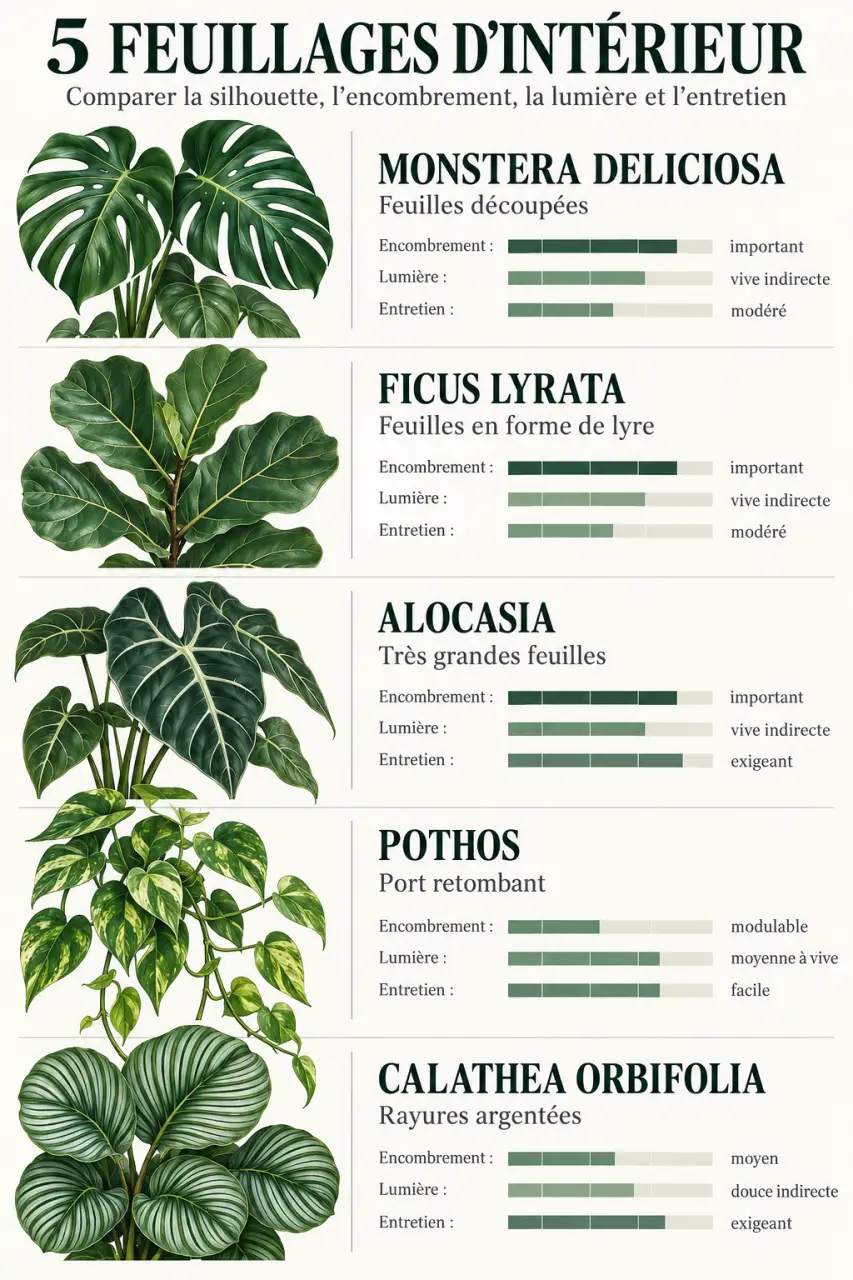 Feuille plantes d’intérieur : comparaison des formes, tailles et besoins de cinq feuillages