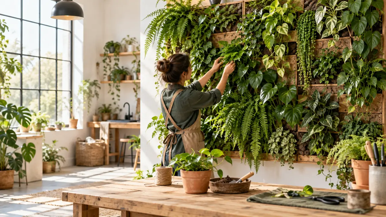 Mur végétal artisanal composé de plantes tropicales dans un intérieur lumineux